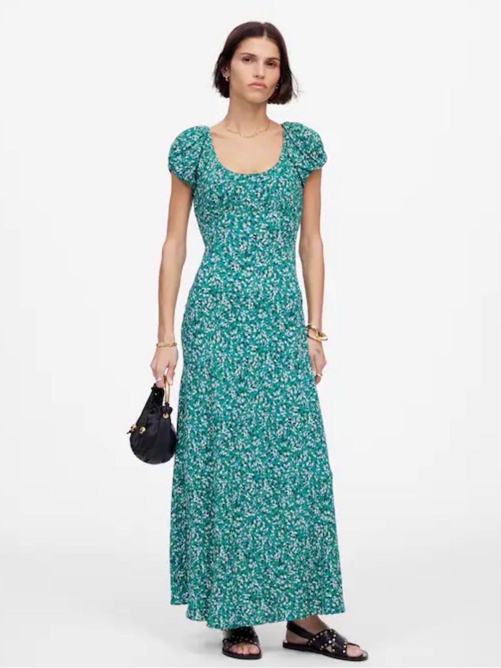 Madewell Teal Green Floral Puff-Sleeve Maxi Dress